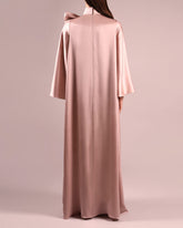Long-sleeve satin gown with oversized neck bow – BLUSH